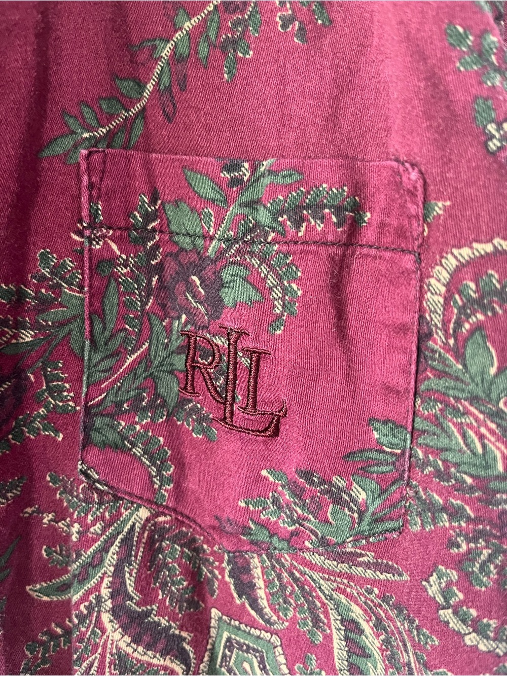 Vintage Ralph Lauren Maroon Floral Button-Down Shirt with RL Pocket Embroidery